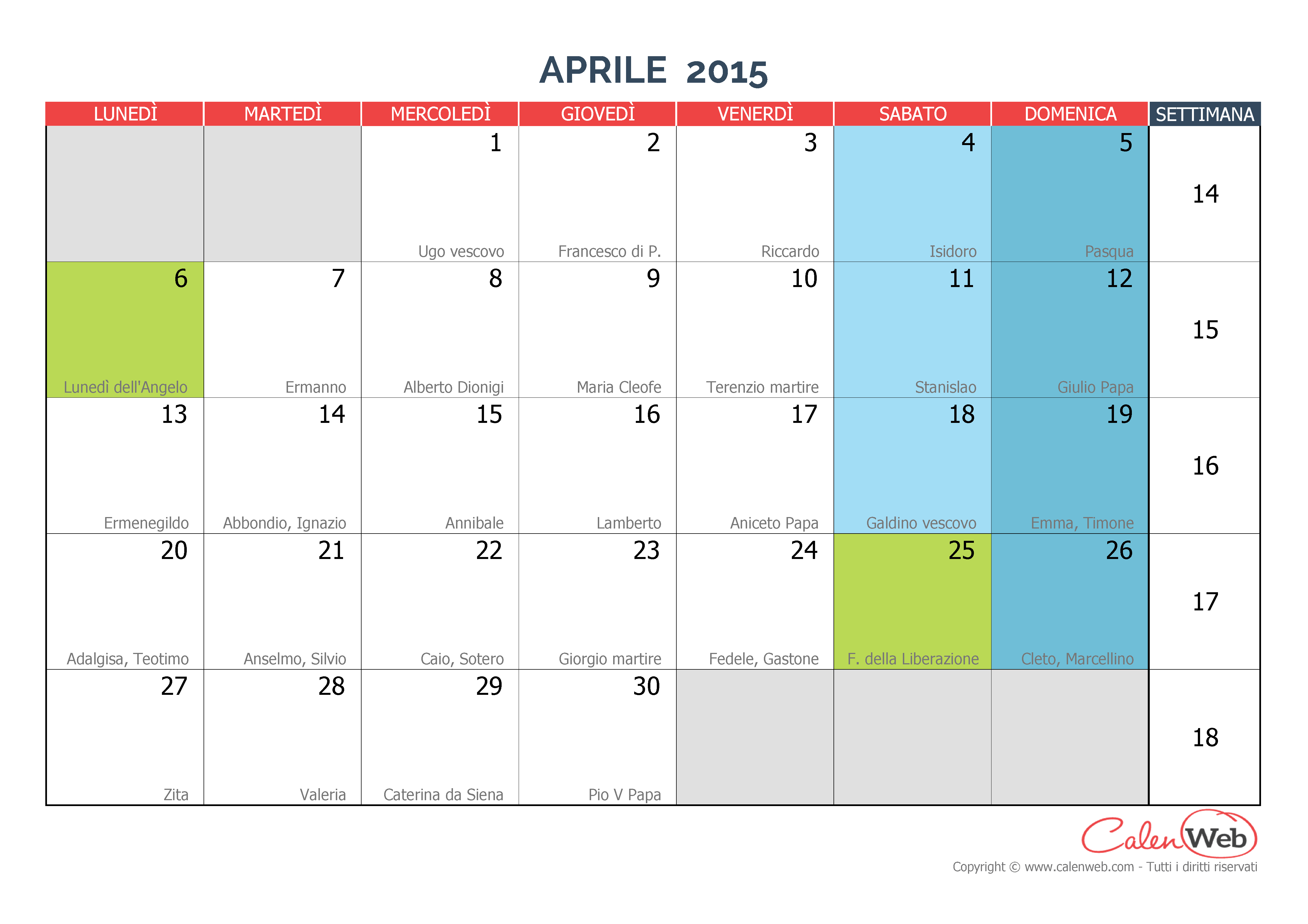 Calendario mensile Mese di aprile 2015 con le festività italiane e i