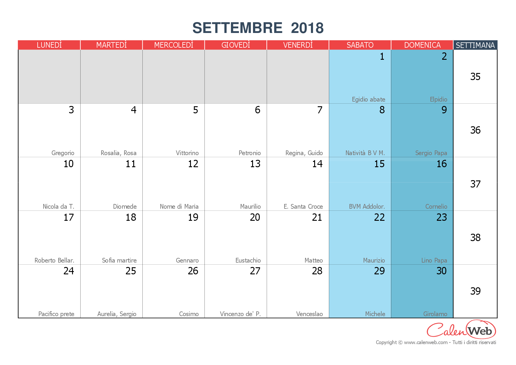 Calendario mensile Mese di settembre 2018 con le festività italiane e
