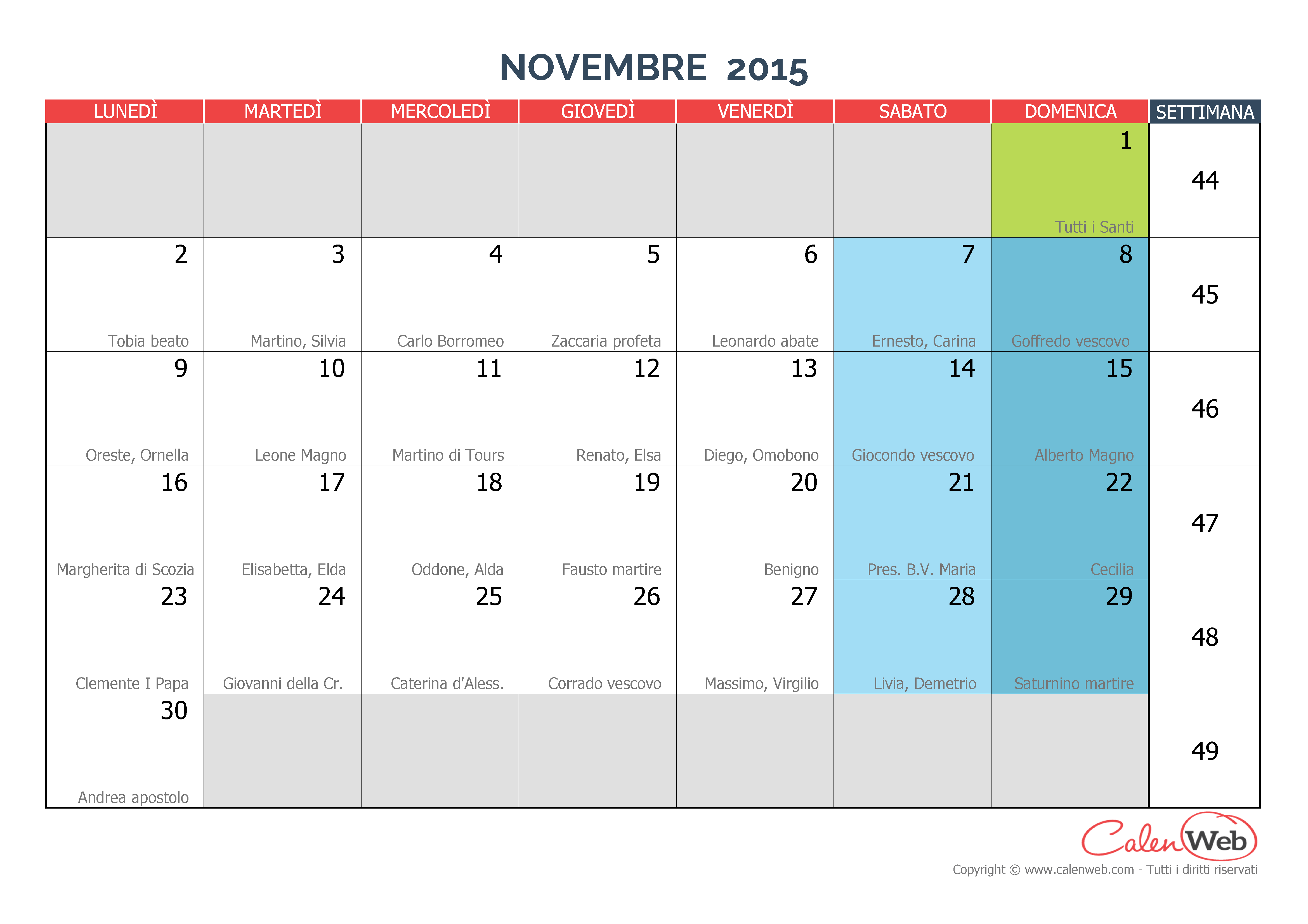 Calendario mensile Mese di novembre 2015 con le festività italiane e