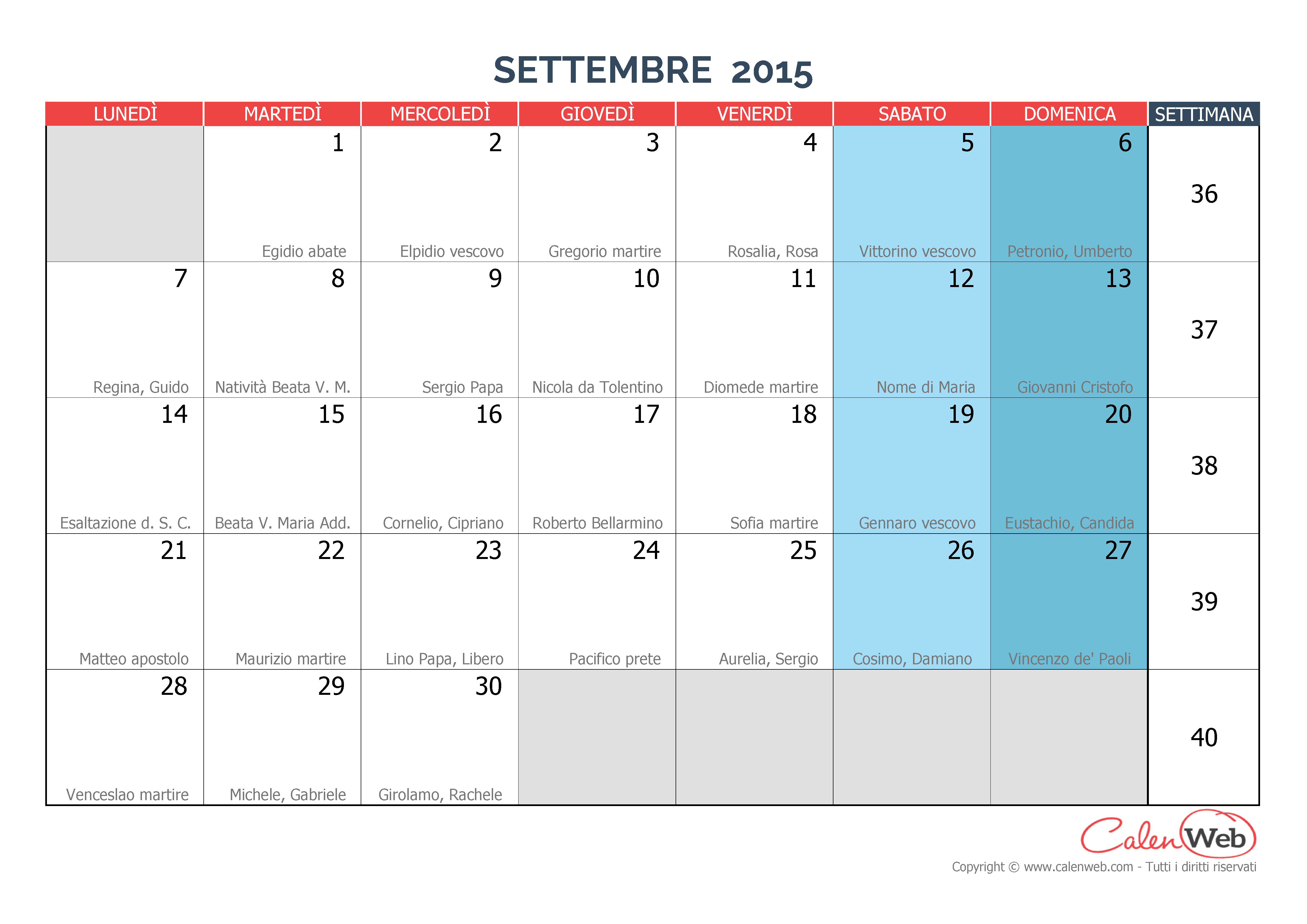 Che Giorno è Il 15 Settembre Calendario mensile - Mese di settembre 2015 con le festività italiane e