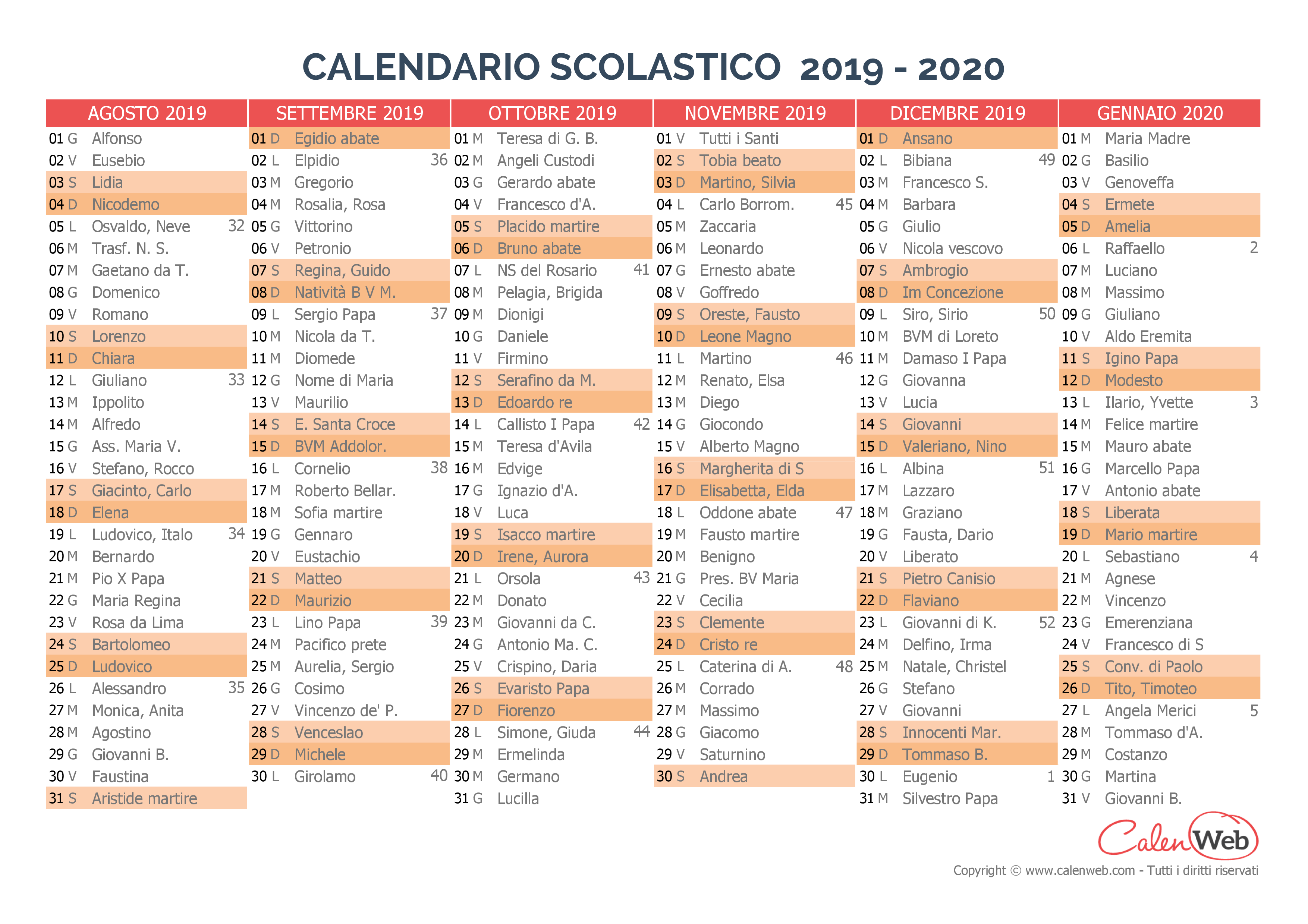 Calendario Scolastico Semestrale 2019 2020 Con I Santi Del Giorno