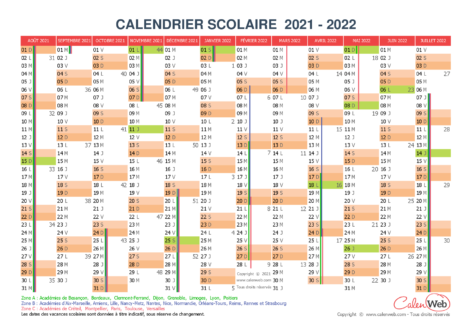 Calendrier scolaire annuel 2021-2022 avec affichage des jours fériés et vacances scolaires