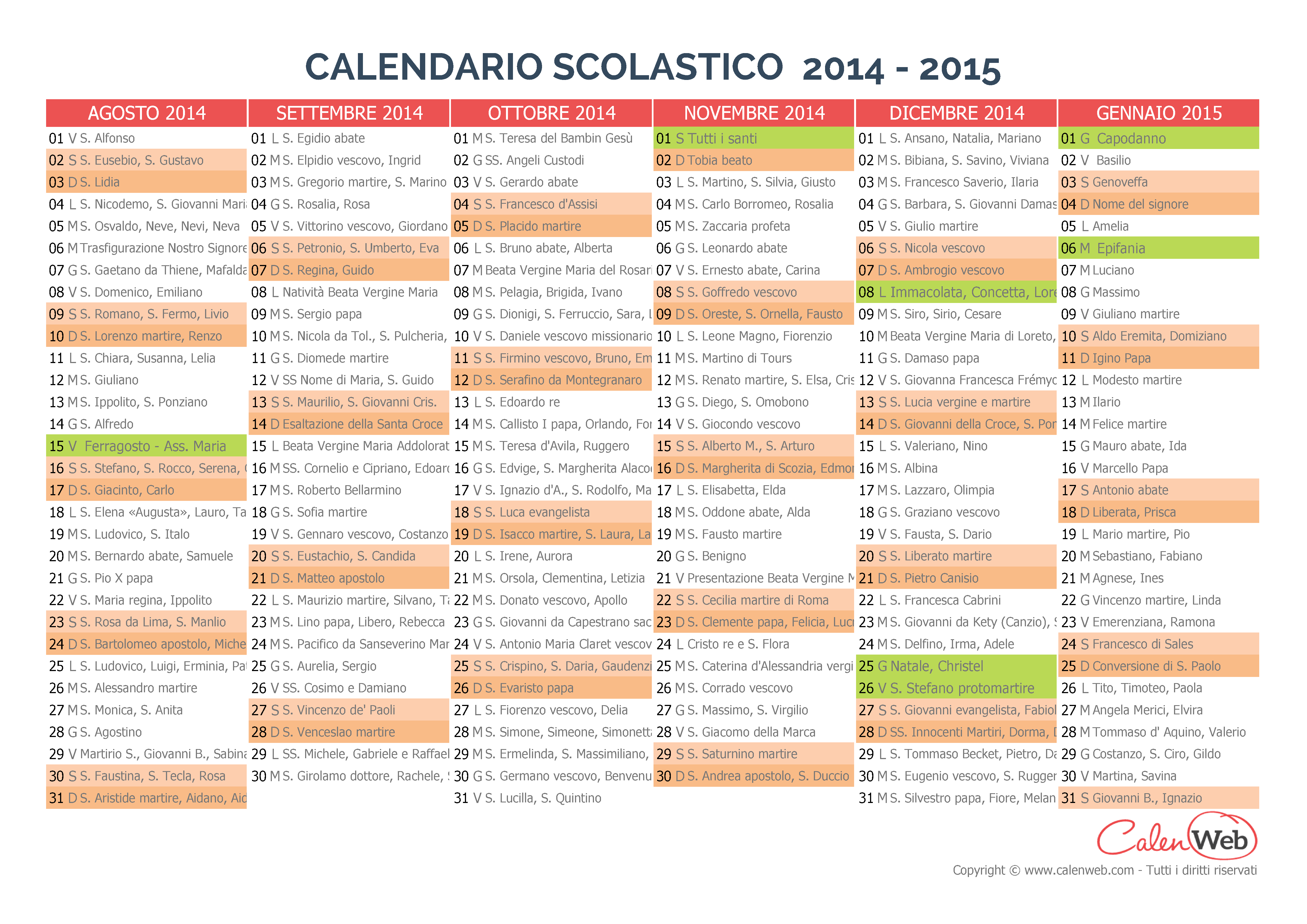 Calendario scolastico semestrale 20142015 con le festività italiane e