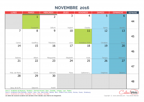 Calendrier mensuel – Mois de novembre 2016 Avec fêtes, jours fériés et vacances scolaires
