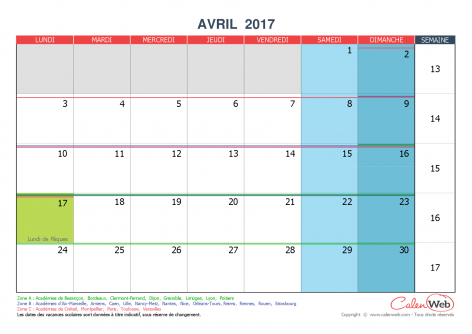 Calendrier mensuel – Mois d’avril 2017 Avec jours fériés et vacances scolaires