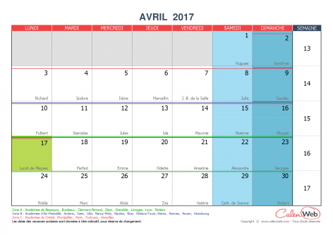 Calendrier mensuel – Mois d’avril 2017 Avec fêtes, jours fériés et vacances scolaires