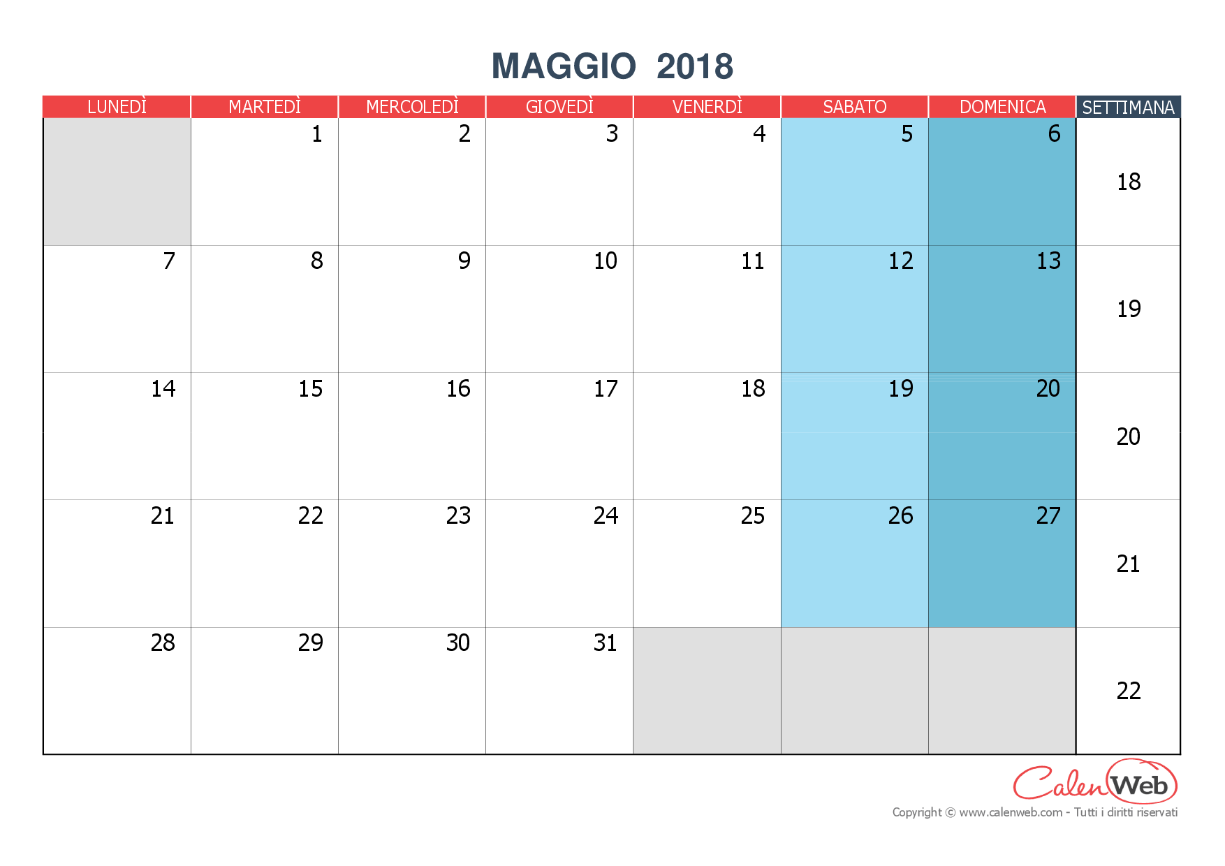 Calendario mensile - Mese di maggio 2018 Versione vergine ...