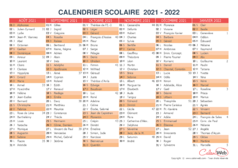 Calendrier scolaire semestriel 2021-2022 avec affichage des fêtes du